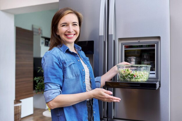 Vrouw met kom groentesalade uit de koelkast