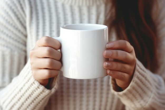 Vrouw met kopje warme drank in handen close-up Generatieve AI