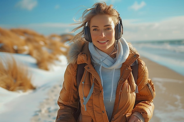 Vrouw met koptelefoon die langs het strand loopt