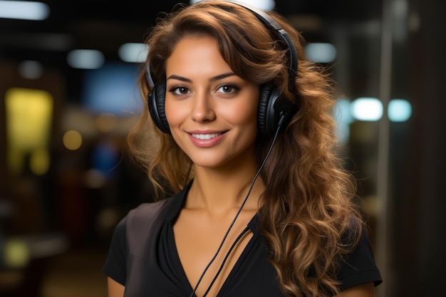 Vrouw met koptelefoon glimlachend voor de camera Generatieve AI