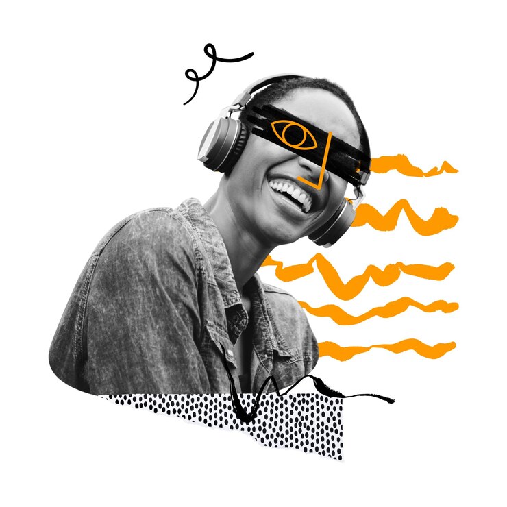 Foto vrouw met koptelefoon png funky element transparante achtergrond