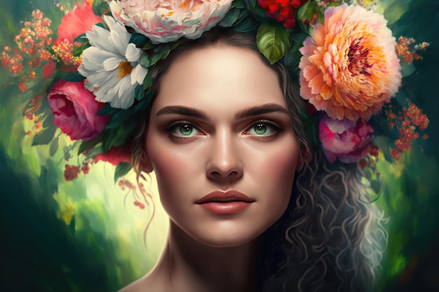 Vrouw met krans van bloemen op haar hoofd lente schoonheid portret natuurlijke make-up