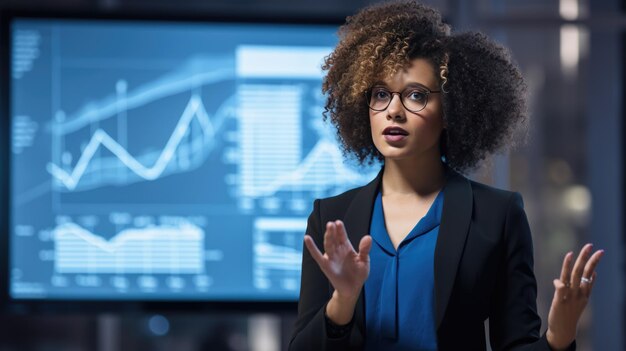 Vrouw met krullend haar en een bril die naar een gegevensdiagram op een scherm wijst en een zakelijke presentatie of analyse geeft