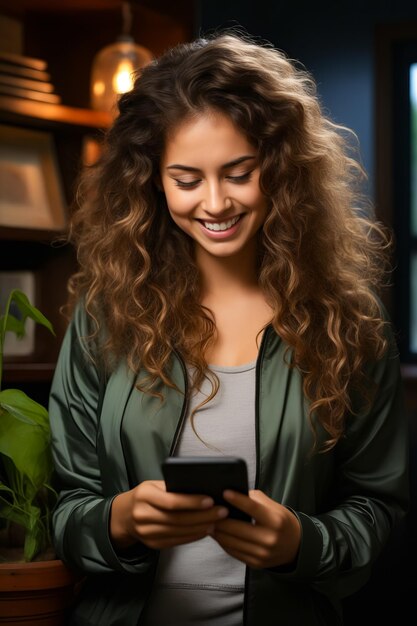 Vrouw met krullend haar kijkt naar haar telefoon Generatieve AI