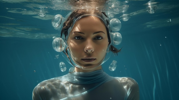 Foto vrouw met krullend haar onder water