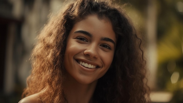 Vrouw met krullend haar stralend van vreugde in Headshot Portret Generatieve AI