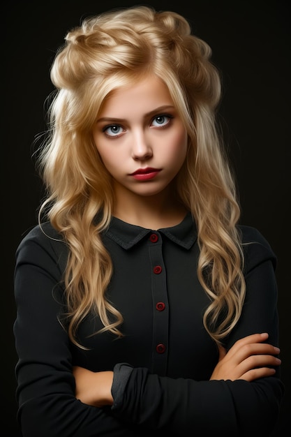 Vrouw met lang blond haar en zwart shirt Generatieve AI