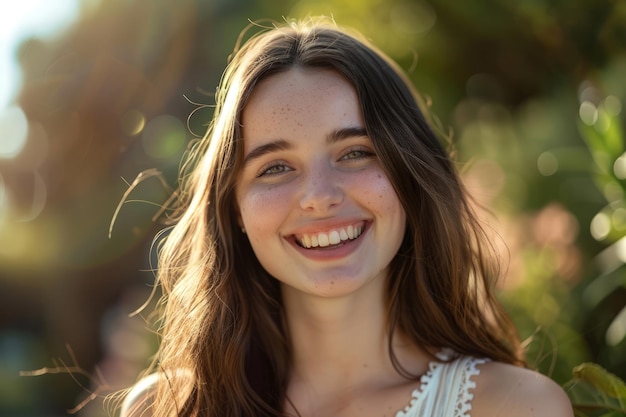 Vrouw met lang bruin haar die glimlacht