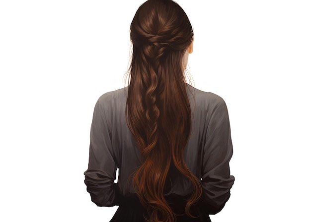 Vrouw met lang bruin haar met haar rug naar een witte achtergrond
