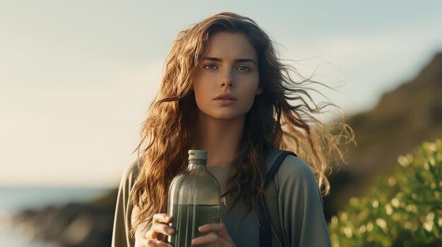 Vrouw met lang haar die een fles water vasthoudt