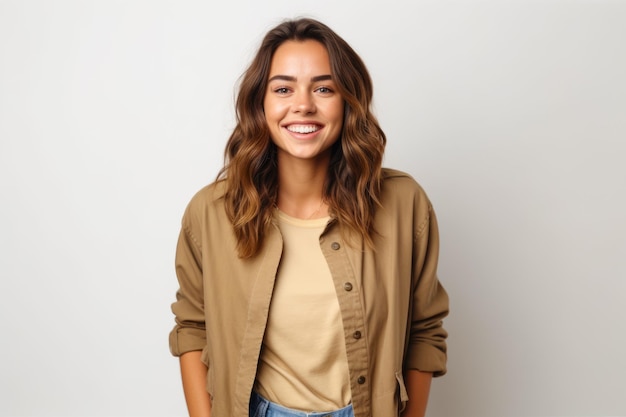 Vrouw met lang haar en bruin shirt lacht naar de camera Generatieve AI