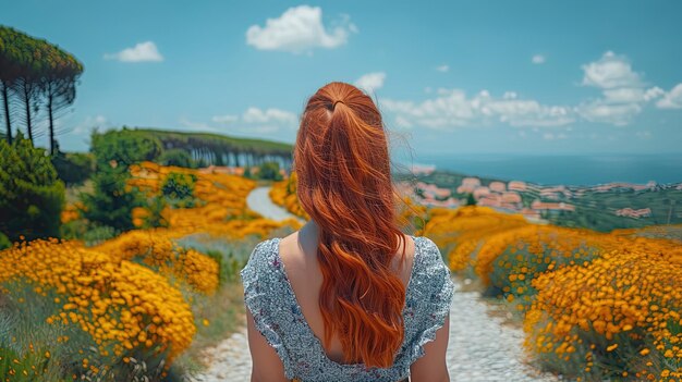 Vrouw met lang rood haar in een veld van bloemen