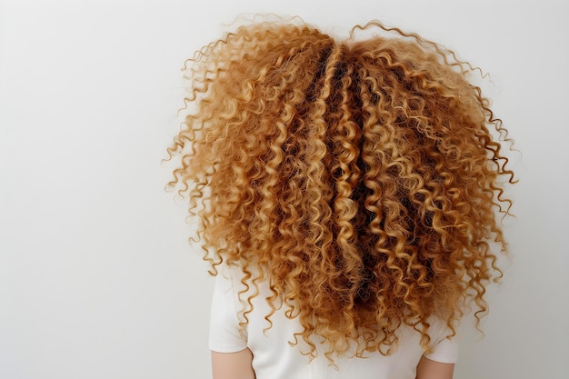 Foto vrouw met lange blonde afro krullen gezien van achteren op witte achtergrond concept haarfotografie afro krullen blonde haar achtergrond witte achtergrond