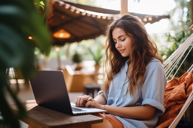 Vrouw met laptop buiten Jong mooi meisje in een hangmat en werkt aan de computer Freelance