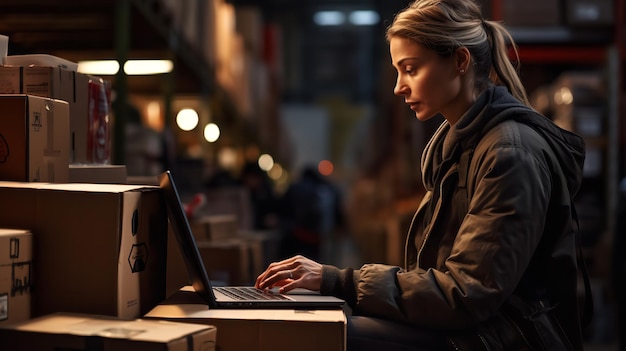 Vrouw met laptop in magazijn Ai generatieve