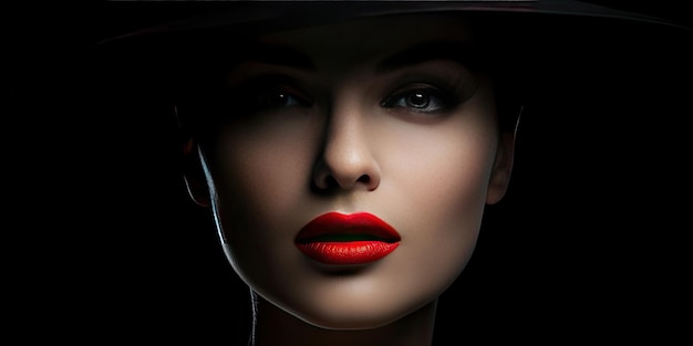 Vrouw met make-up en rode lippenstift, gekleed in een zwart hoed-modeportret