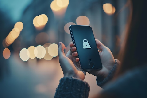 Vrouw met mobiele telefoon met gesloten hangslot op het scherm in de stad