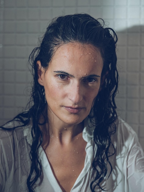 Vrouw met nat lang haar en witte kleren die helaas naar de camera kijken tegen een witte betegelde muur