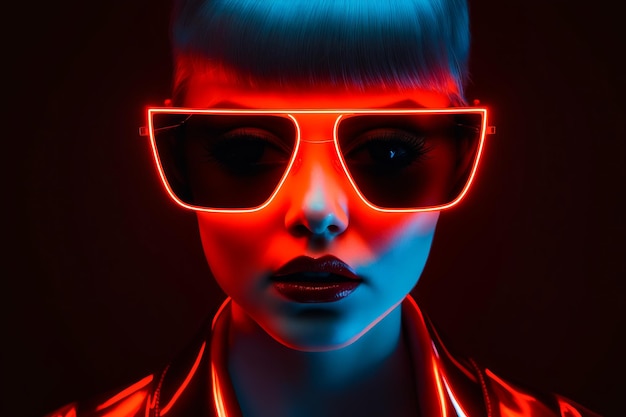 Vrouw met neonbril en rood licht op haar gezicht Generatieve AI