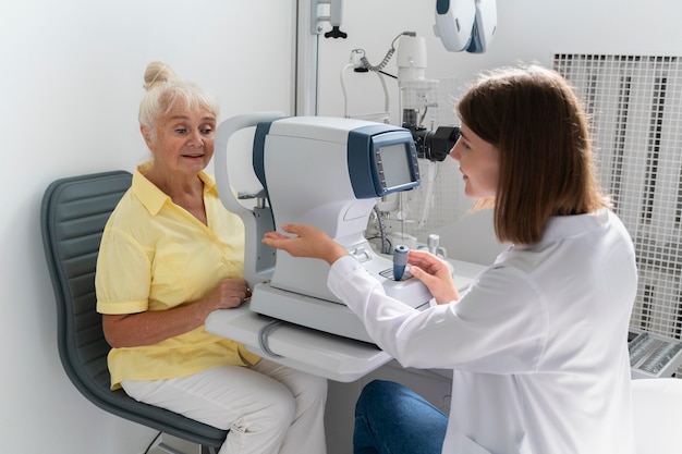 Vrouw met oogcontrole in een oogheelkundige kliniek