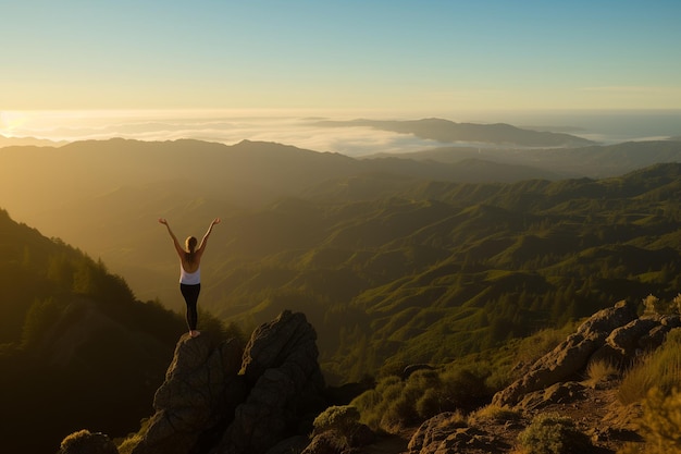 Vrouw met opgeheven armen staat op de top van de berg bij zonsopgang