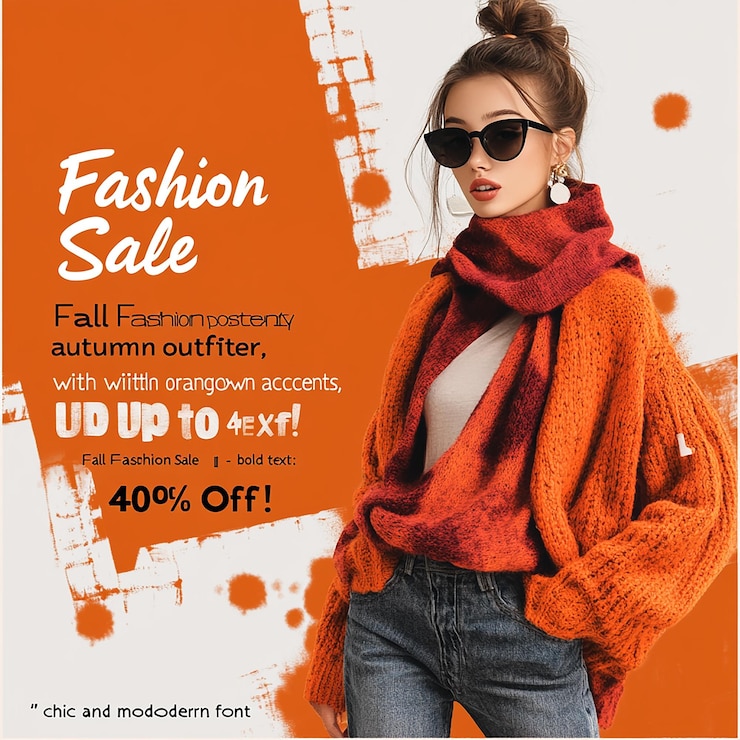 Foto vrouw met oranje trui witte korte broek zonnebril met bruine tas fall fashion poster chique en modern lettertype