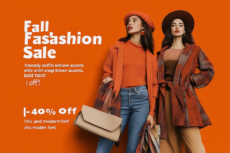 Foto vrouw met oranje trui witte korte broek zonnebril met bruine tas fall fashion poster chique en modern lettertype