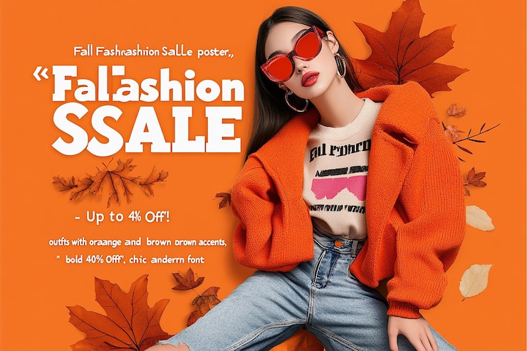 Foto vrouw met oranje trui witte korte broek zonnebril met bruine tas fall fashion poster chique en modern lettertype