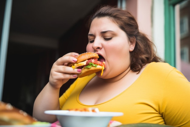 Vrouw met overgewicht die voedsel eet Genereer Ai