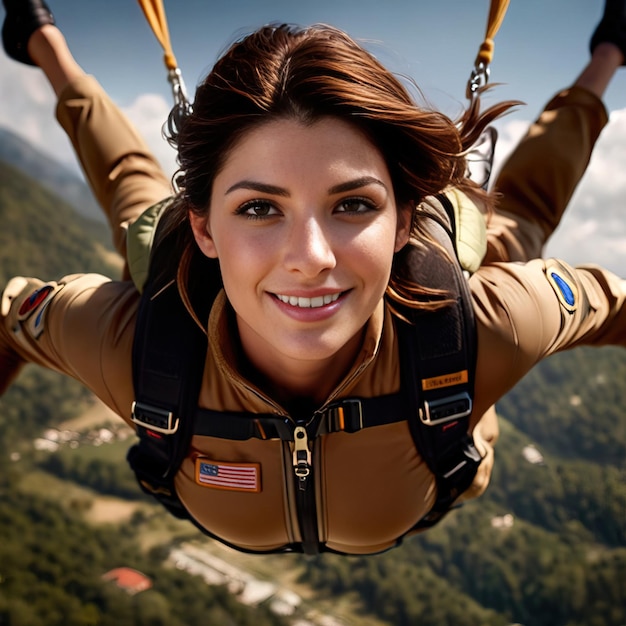 Vrouw met parachute naar beneden glimlachend