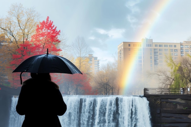 Vrouw met paraplu die een stadspark met watervallen en regenboog bewondert