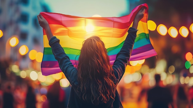 Vrouw met regenboogvlag in straat generatieve ai