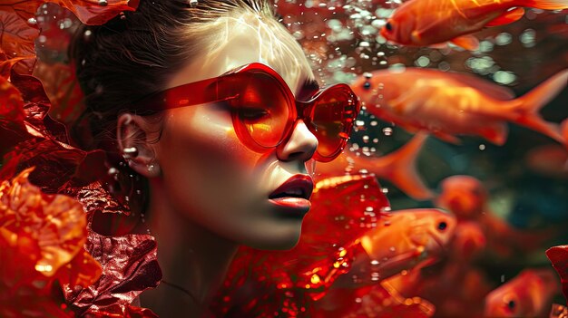 Vrouw met rode bril omringd door vissen onderwater ontmoeting met spectaculair mysterie