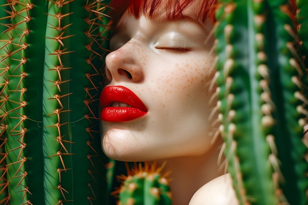 Vrouw met rode lippen en sproeten.