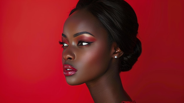 Vrouw met rode lippenstift op een rode achtergrond