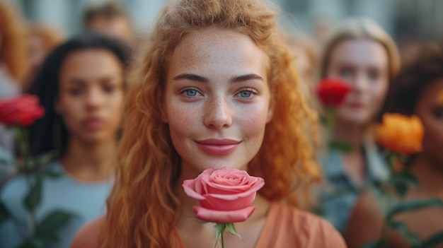 Foto vrouw met rode roos voor haar gezicht