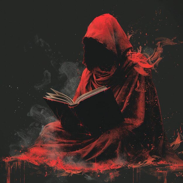 Vrouw met rode sluier die een boek leest