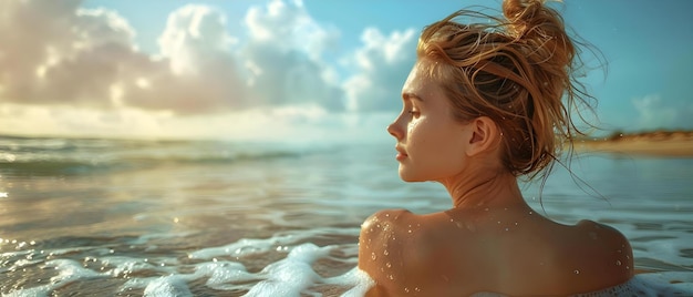 Foto vrouw met rommelig haar die in het oceaanwater staat onder een lichte bries concept beach photoshoot rommelig haar oceaan achtergrond winderige omstandigheden natuurlijke schoonheid