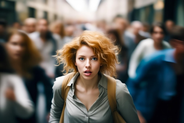 Foto vrouw met rood haar die door een drukke straat loopt.