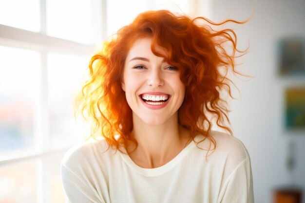 Vrouw met rood haar die glimlacht en naar de camera kijkt Generatieve AI