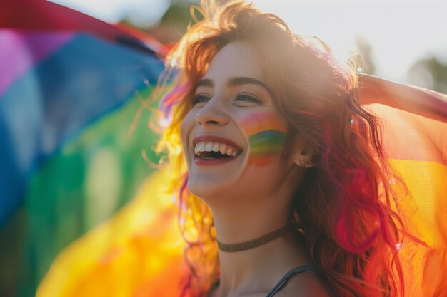 Foto vrouw met rood haar en regenboog gezicht verf