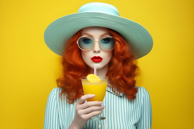 Vrouw met rood haar met een blauwe hoed en een blauwe hoed met een glas jus d'orange