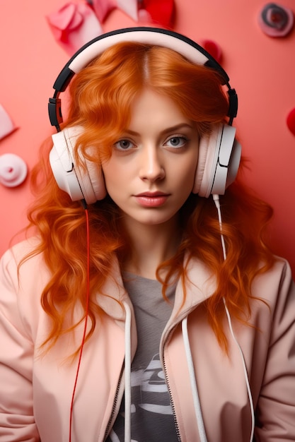 Vrouw met rood haar met koptelefoon en roze jas Generatieve AI