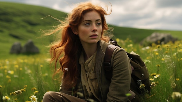 Vrouw met rood haar zit in het veld St. Patrick's Day