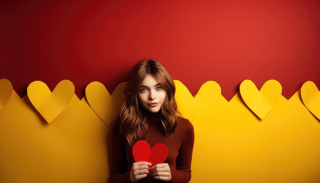 Vrouw met rood hart op gele achtergrond Valentijnsdag concept