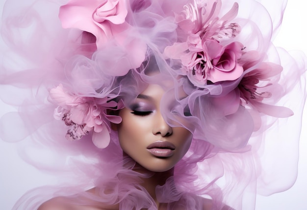 Vrouw met roze bloemen op haar hoofd.