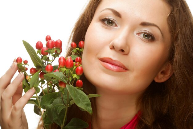 vrouw met roze bloemen