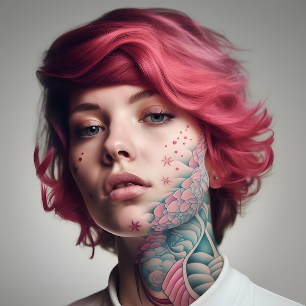 Vrouw met roze haar en een tatoeage op haar gezicht en hals op een grijze achtergrond