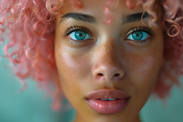 Vrouw met roze krullend haar en blauwe ogen