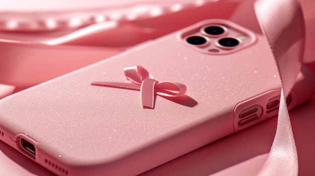 Vrouw met roze telefoonkoffer met roze lint borstkanker.